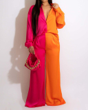 Women Lapel Colorblock Long Sleeve Satin Loose Casual Pants Sets Two Pieces Outfit Black Coffee Rosy S-2XL