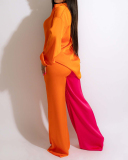 Women Lapel Colorblock Long Sleeve Satin Loose Casual Pants Sets Two Pieces Outfit Black Coffee Rosy S-2XL