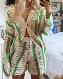 Autumn Lapel Knit Hollow Out Long Sleeve Striped Cardigan Short Sets Two Pieces Outfit Red Blue Pink Brown Green S-L