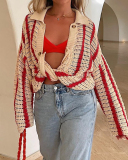 Autumn Lapel Knit Hollow Out Long Sleeve Striped Cardigan Short Sets Two Pieces Outfit Red Blue Pink Brown Green S-L