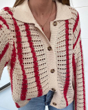 Autumn Lapel Knit Hollow Out Long Sleeve Striped Cardigan Short Sets Two Pieces Outfit Red Blue Pink Brown Green S-L