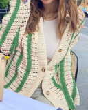 Autumn Lapel Knit Hollow Out Long Sleeve Striped Cardigan Short Sets Two Pieces Outfit Red Blue Pink Brown Green S-L