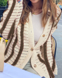 Autumn Lapel Knit Hollow Out Long Sleeve Striped Cardigan Short Sets Two Pieces Outfit Red Blue Pink Brown Green S-L