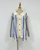 Autumn Lapel Knit Hollow Out Long Sleeve Striped Cardigan Short Sets Two Pieces Outfit Red Blue Pink Brown Green S-L