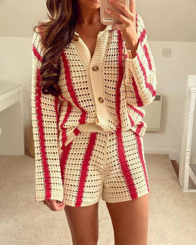 Autumn Lapel Knit Hollow Out Long Sleeve Striped Cardigan Short Sets Two Pieces Outfit Red Blue Pink Brown Green S-L