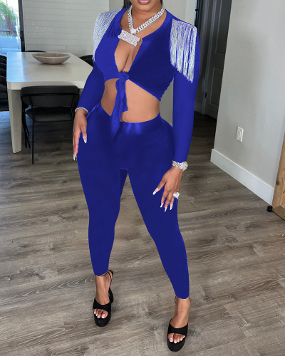 Womens Fashion Trendy Tassel Shoulder Crop Top Slim Solid Color Pants Sets Two Pieces Outfit Black Blue Brown S-XL