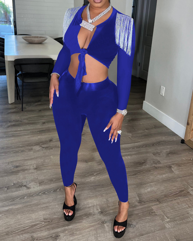 Womens Fashion Trendy Tassel Shoulder Crop Top Slim Solid Color Pants Sets Two Pieces Outfit Black Blue Brown S-XL
