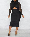 Fashion Women Mesh Patchwork Long Sleeve Hollow Out Midi Dresses Bodycon Dresses Black Red Blue Rosy Orange S-2XL
