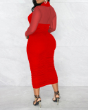 Fashion Women Mesh Patchwork Long Sleeve Hollow Out Midi Dresses Bodycon Dresses Black Red Blue Rosy Orange S-2XL