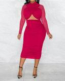 Fashion Women Mesh Patchwork Long Sleeve Hollow Out Midi Dresses Bodycon Dresses Black Red Blue Rosy Orange S-2XL