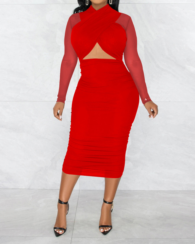 Fashion Women Mesh Patchwork Long Sleeve Hollow Out Midi Dresses Bodycon Dresses Black Red Blue Rosy Orange S-2XL
