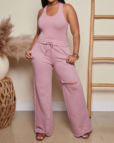 Women Solid Color Hollow Out Wide Leg Sleeveless Pants Sets Two Pieces Outfit Black Pink Yellow Royal Blue S-2XL