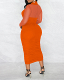 Fashion Women Mesh Patchwork Long Sleeve Hollow Out Midi Dresses Bodycon Dresses Black Red Blue Rosy Orange S-2XL