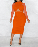 Fashion Women Mesh Patchwork Long Sleeve Hollow Out Midi Dresses Bodycon Dresses Black Red Blue Rosy Orange S-2XL