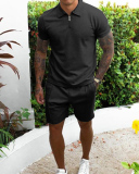 Men's Lapel Solid Color Short Sleeve Causal Short Sets Two Piece Sets S-3XL