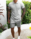 Men's Lapel Solid Color Short Sleeve Causal Short Sets Two Piece Sets S-3XL