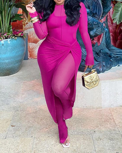 Women Long Sleeve Sexy Mesh Skirt Cover High Slit Two Pieces Outfit Wine Red Rosy Black S-2XL