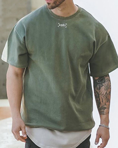 Summer Men's Loose Large Size Round Neck Short Sleeve Embroidery Washed Casual T-shirt M-3XL
