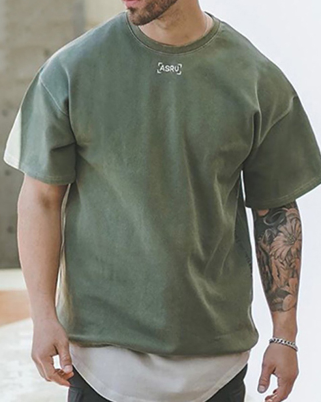Summer Men's Loose Large Size Round Neck Short Sleeve Embroidery Washed Casual T-shirt M-3XL
