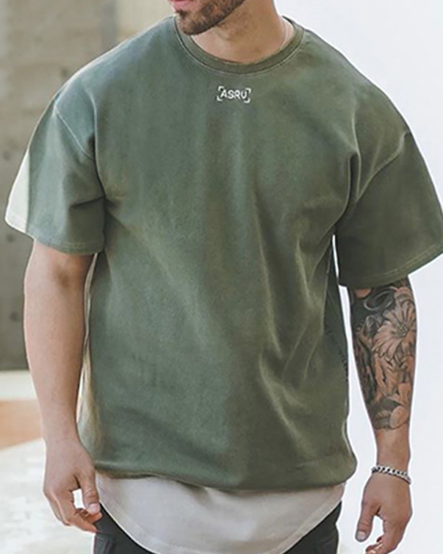 Summer Men's Loose Large Size Round Neck Short Sleeve Embroidery Washed Casual T-shirt M-3XL