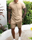 Men's Lapel Solid Color Short Sleeve Causal Short Sets Two Piece Sets S-3XL