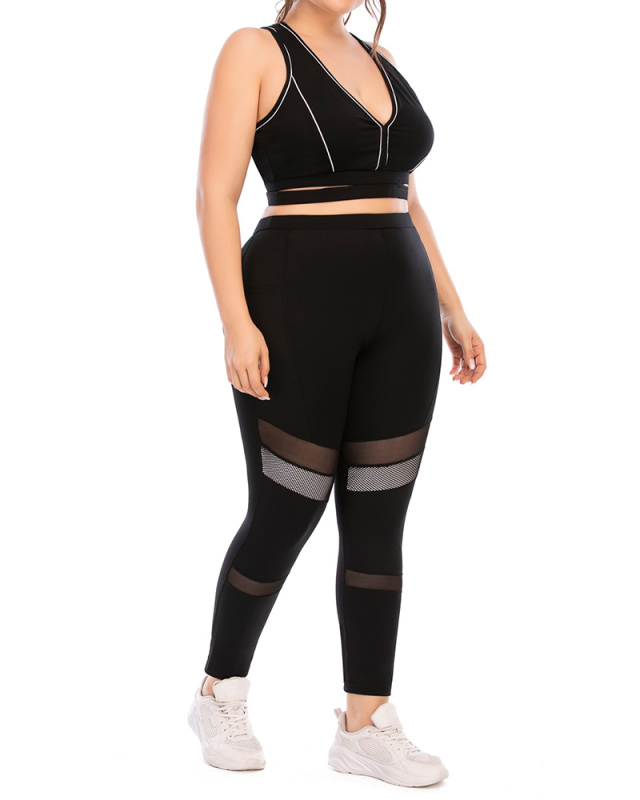 Fashion Fitness V Neck Sport Bra Patchwork Mesh Legging Matching Yoga Sets Plus Size Yoga Black L-3XL