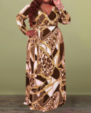 Women Long Sleeve Printed V Neck Plus Size Dresses Yellow Coffee Red XL-5XL