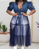 Women Mesh Jean Patchwork Short Sleeve Plus Size Dresses Deep Blue Blue S-4XL