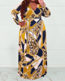 Women Long Sleeve Printed V Neck Plus Size Dresses Yellow Coffee Red XL-5XL