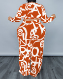 Women Long Sleeve Wide Leg Printed Plus Size Two Piece Sets Black Army Green Navy Blue Coffee Yellow Orange XL-5XL
