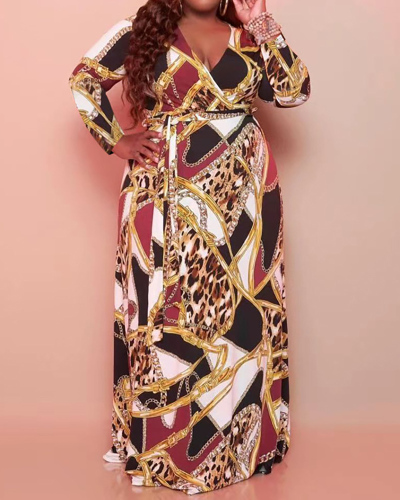 Women Long Sleeve Printed V Neck Plus Size Dresses Yellow Coffee Red XL-5XL