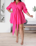 Women Solid Color Shirt Dress Long Sleeve Lapel Strap Plus Size Dresses Mini Dress White Rosy Green L-4XL