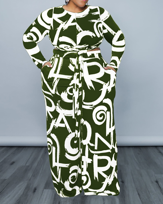 Women Long Sleeve Wide Leg Printed Plus Size Two Piece Sets Black Army Green Navy Blue Coffee Yellow Orange XL-5XL