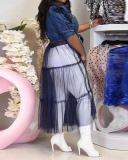 Women Mesh Jean Patchwork Short Sleeve Plus Size Dresses Deep Blue Blue S-4XL