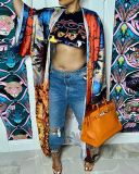 Fashion Women Long Sleeve Printed Florals Jackets Black Red Green Orange Rosy One Size