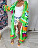 Fashion Women Long Sleeve Printed Florals Jackets Black Red Green Orange Rosy One Size