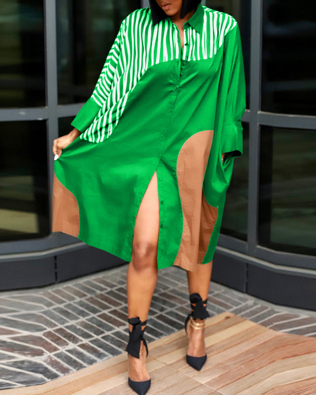 Women Lapel Button Colorblock Printed Loose Shirt Dress Casual Midi Dresses Plus Size Dress Black Red Green Orange S-4XL