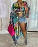 Fashion Women Long Sleeve Printed Florals Jackets Black Red Green Orange Rosy One Size