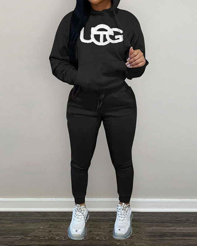 Women Embroidered Plush Hoodies Pants Sets Two Pieces Outfit Pink Red Grey Black Khaki Brown S-2XL