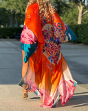 Fashion Women Long Sleeve Printed Florals Jackets Black Red Green Orange Rosy One Size