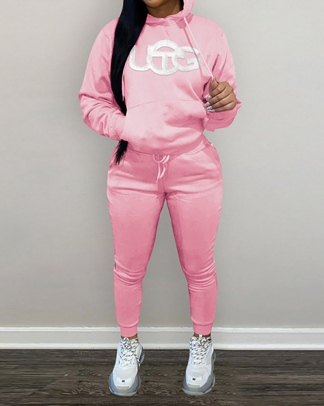 Women Embroidered Plush Hoodies Pants Sets Two Pieces Outfit Pink Red Grey Black Khaki Brown S-2XL