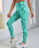 Women Tie-Dye High Waist Fitness Pants Peach Hip Lift Yoga Pants Sports Tights Quick-Drying Nine-Point Pants