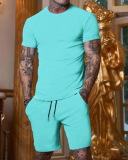 Solid Color Men's T-shirt Short Suit Sports Wear Two-piece Sets M-3XL