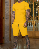 Solid Color Men's T-shirt Short Suit Sports Wear Two-piece Sets M-3XL