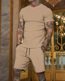 Solid Color Men's T-shirt Short Suit Sports Wear Two-piece Sets M-3XL
