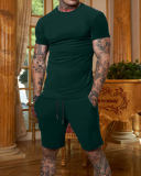 Solid Color Men's T-shirt Short Suit Sports Wear Two-piece Sets M-3XL