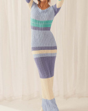 Woman Hot Sale Colorblock Off Shoulder Stripe Long Sleeve Sweater Maxi Dresses Pink Blue Khaki S-L