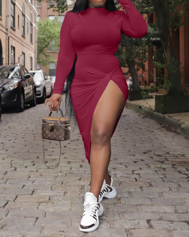 Women Fashion Solid Color High Slit Sexy Midi Dresses Blue Wine Red White Black S-2XL