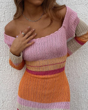 Woman Hot Sale Colorblock Off Shoulder Stripe Long Sleeve Sweater Maxi Dresses Pink Blue Khaki S-L