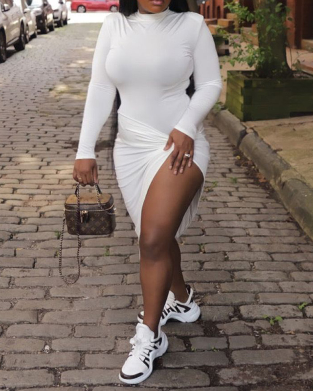 Women Fashion Solid Color High Slit Sexy Midi Dresses Blue Wine Red White Black S-2XL